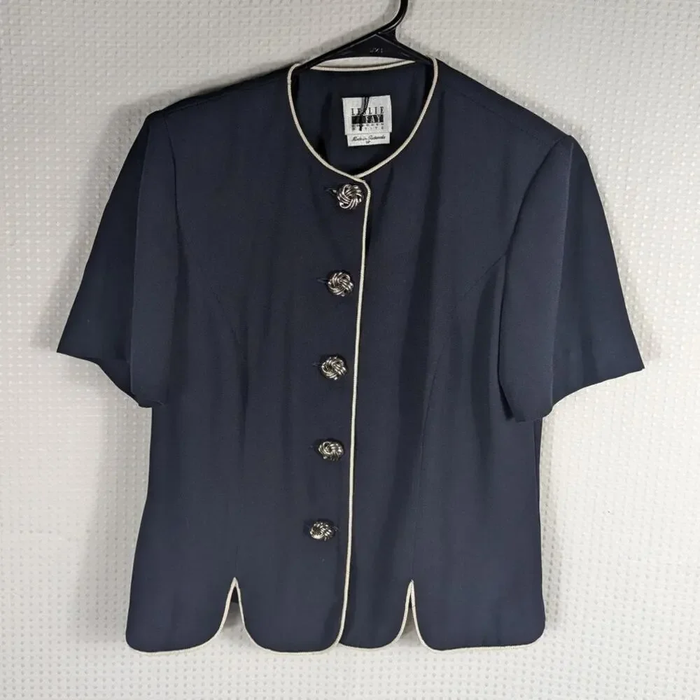 Leslie Fay Petite 6P Women's Navy Short Sleeve Skirt Suit Trim Button Front